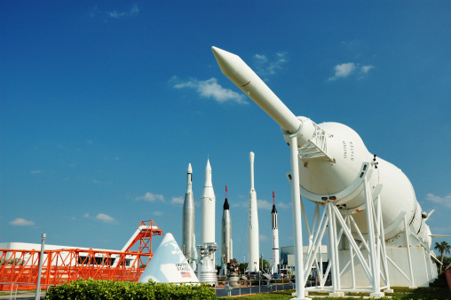 The Rocket Garden at Kennedy Space Center with the historic Saturn 1-B rocket in the foreground. The Saturn 1-B was used prior to the development of the Saturn V rocket. It propelled astronauts into Earth orbit for test flights and work on Skylab.