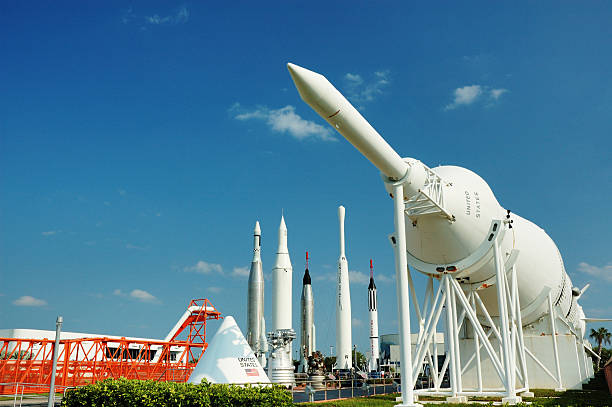 Rocket Garden at Kennedy Space Center The Rocket Garden at Kennedy Space Center with the historic Saturn 1-B rocket in the foreground. The Saturn 1-B was used prior to the development of the Saturn V rocket. It propelled astronauts into Earth orbit for test flights and work on Skylab. nasa kennedy space center photos stock pictures, royalty-free photos & images
