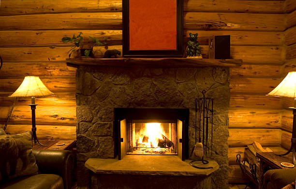 Log Cabin Fireplace stock photo