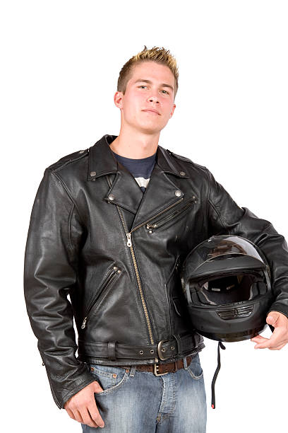 istock Motorcycle man with leather jacket and helmet under arm 157280440