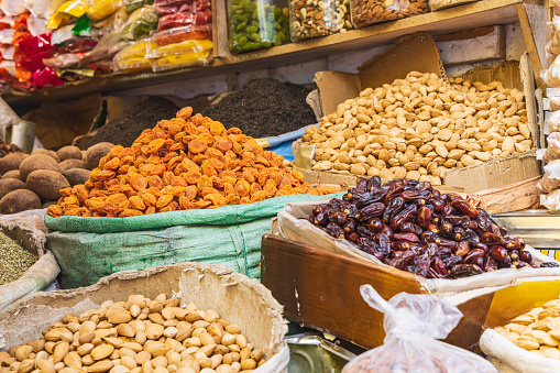 Sokalipura, Srinagar, Jammu and Kashmir, India. Dried fruit and nuts for sale at a market in Srinagar.