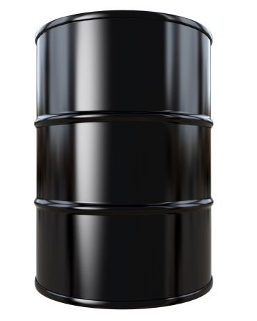 A black oil drum isolated on white. 3D render with HDRI lighting and raytraced textures.