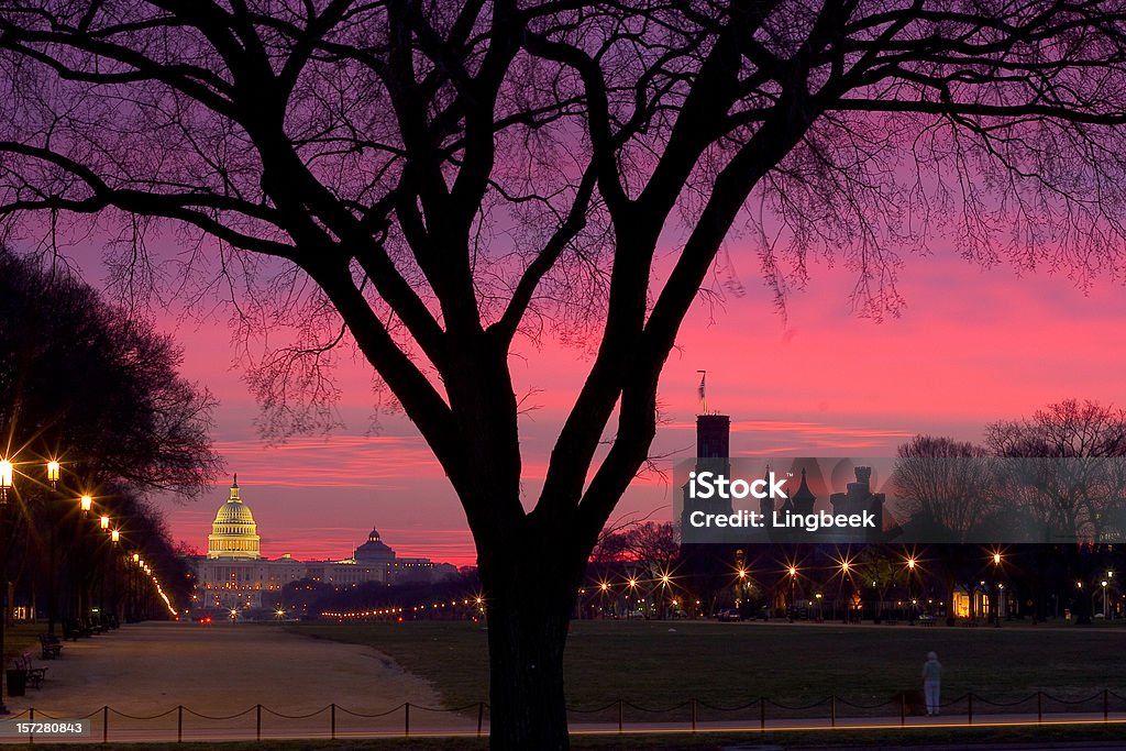 Capitol Hill in morning red Capitol Hill and the Smithsonian museum in Washington D.C. in the red light of early morning. Seen from just before Washington monument. The start of a new political day. Washington DC Stock Photo