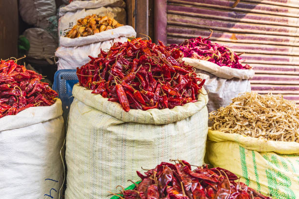 Sokalipura, Srinagar, Jammu and Kashmir, India. Dried chili peppers at a shop in Srinagar.