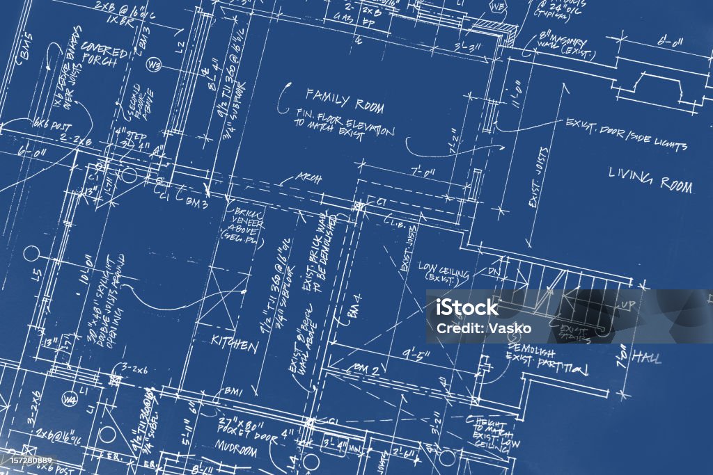 Architectural - 45 This is a picture of a set of blueprints (architectural drawing) for the main floor of a house. The blueprints include room dimensions as well as electrical receptacle placement. The room names can easily be edited out with a minimum of fuss. Blueprint stock illustration