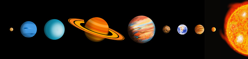 Illustration of the solar system. It is impossible to render an accurate scale of the planets but I have provided reasonable proportions.  The planets were illustrated visually and by hand using Fractal Design Painter, Photoshop and Illustrator.  Additional versions are provided in my portfolio with the planets non-scaled, meaning they are all the same size and can be manipulated accordingly.  The sun is also provided on it's own as well as the earth and moon together.