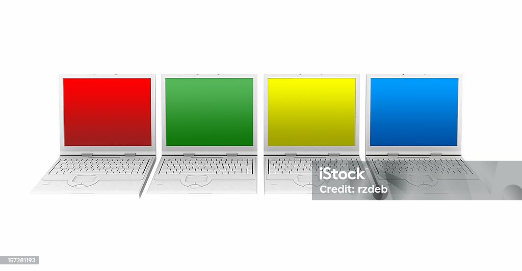 Vier Laptop mit farbigen Leinwände - Lizenzfrei Computergeschäft Stock-Foto