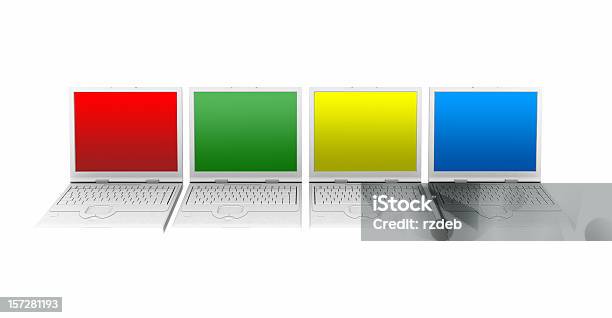 Vier Laptop Mit Farbigen Leinwände Stockfoto und mehr Bilder von Computergeschäft - Computergeschäft, Blau, Computer