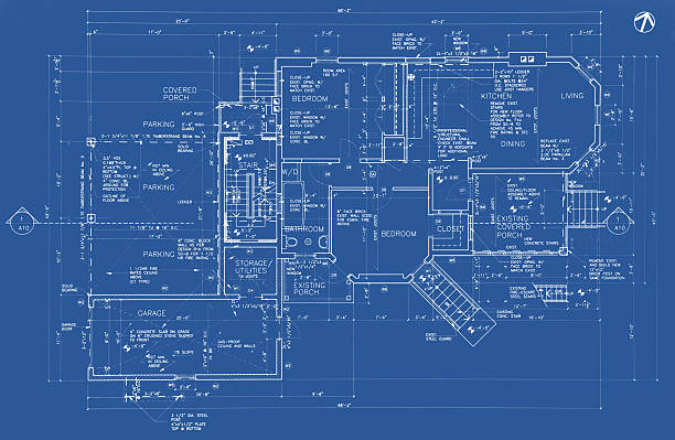 Architectural - 36 This is a photo of an architecture drawing (blueprint) depicting the main floor of a house. Blueprint stock illustrations