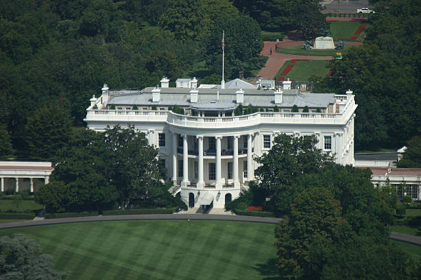 The White House in Washington D.C. aerial view stock photo