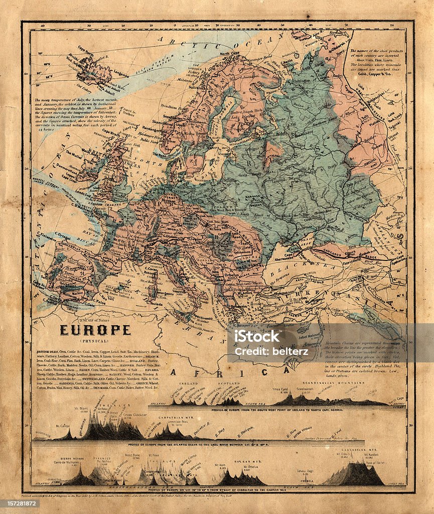 old map of Europe an old map of Europe with other geographical information Map Stock Photo