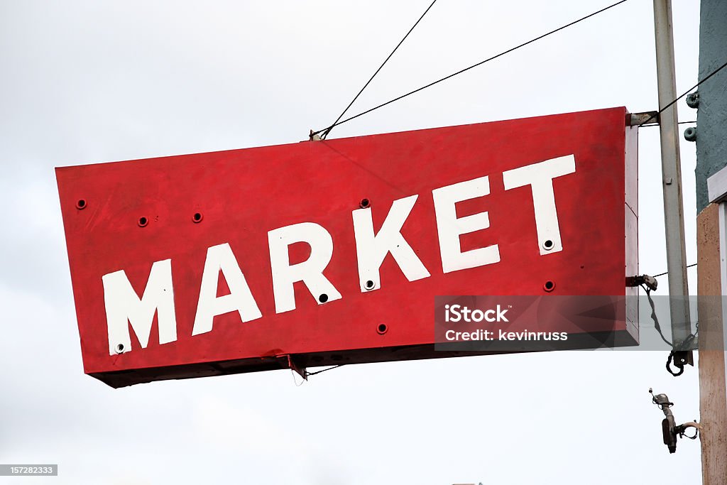 Red and White Market Sign  Advertisement Stock Photo