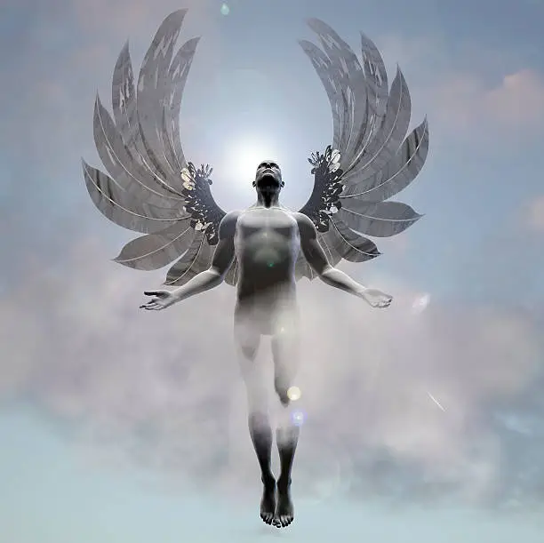 A statuesque angel flying up to heaven.