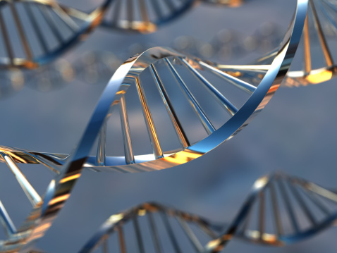 Close view of a dna strands. 3D rendering with raytraced textures and HDRI lighting.