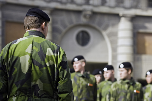 Soldiers wearing camouflage uniform standing at attention with sergeant in the foreground. The Royal palace in Stockholm is in the background.