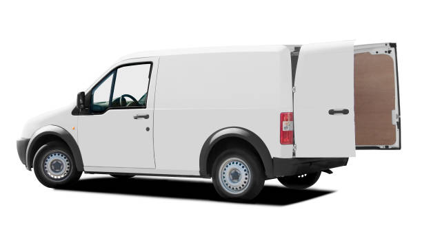 istock Rear of white van with doors open on white 157283258