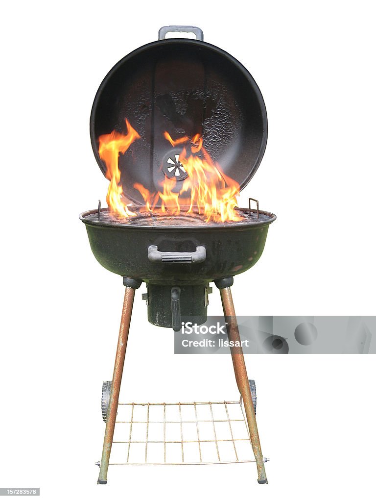 Whole Charcoal Grill with Flames Whole Charcoal Grill with Flames. Isolated white background. Barbecue Grill Stock Photo