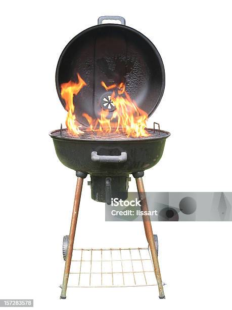 Whole Charcoal Grill With Flames Stock Photo - Download Image Now - Barbecue Grill, Metal Grate, Cut Out