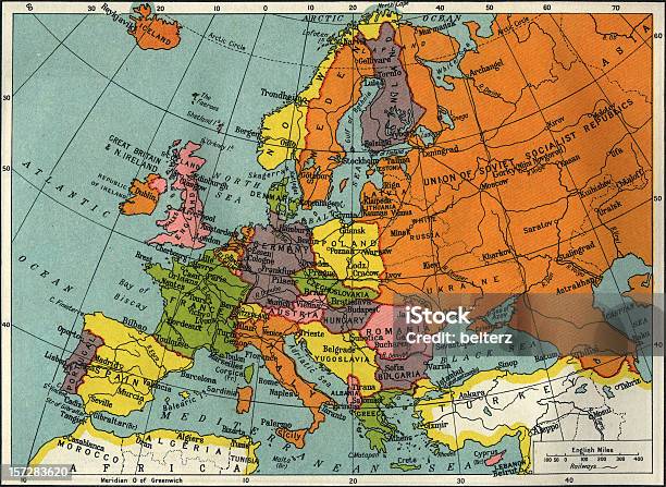 Vintage Map Of Europe And Asia Stock Photo - Download Image Now - Map, Europe, Russia
