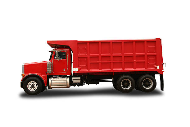 istock Peterbult red toy dump truck isolated on white background 157283621