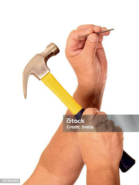 Nailing It To The Wall Stock Photo - Download Image Now - Hammer, Nail - Work Tool, Fingernail