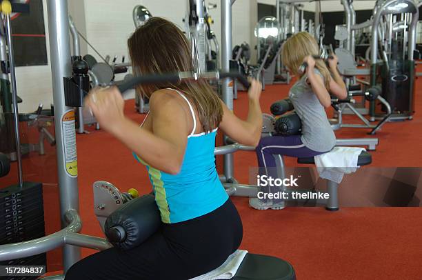 Foto de Duas Mulheres Em Uma Máquina De Costas e mais fotos de stock de Academia de ginástica - Academia de ginástica, Adulto, Aparelho de Musculação