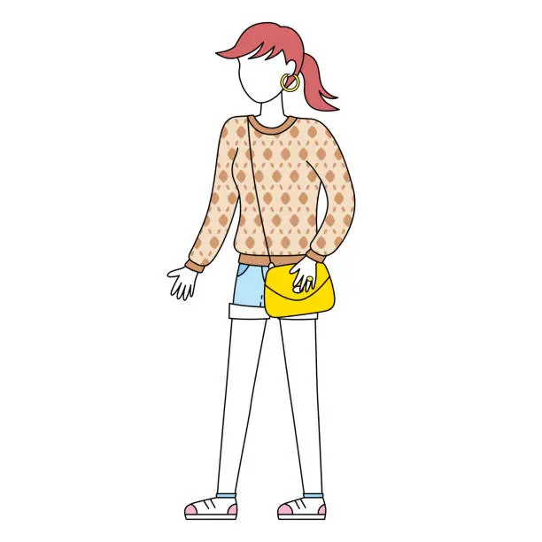 Vector illustration of Fashion model girl wearing a sweatshirt and jeans shorts