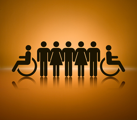 Information symbol men, women and disabled person lined up in a row.