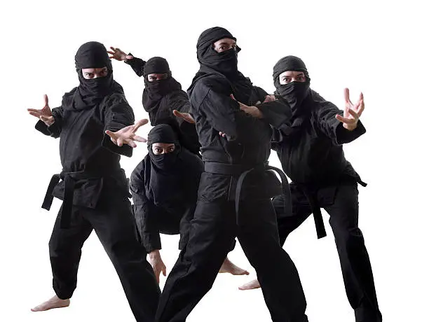 Five ninjas, isolated on white. 