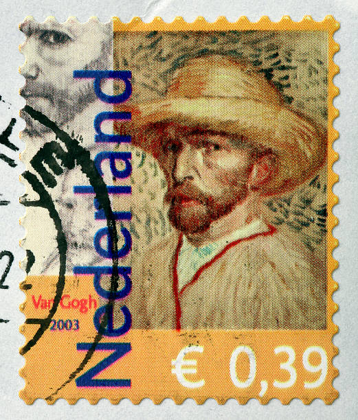 Selfportrait of famous painter Van Gogh on Dutch stamp (2003) Close-up of a Dutch stamp showing a self portrait of the famous painter Vincent van Gogh, painted in Paris in 1887. This stamp was issued in 2003 celebrating his 150th birthday. vincent van gogh painter stock pictures, royalty-free photos & images