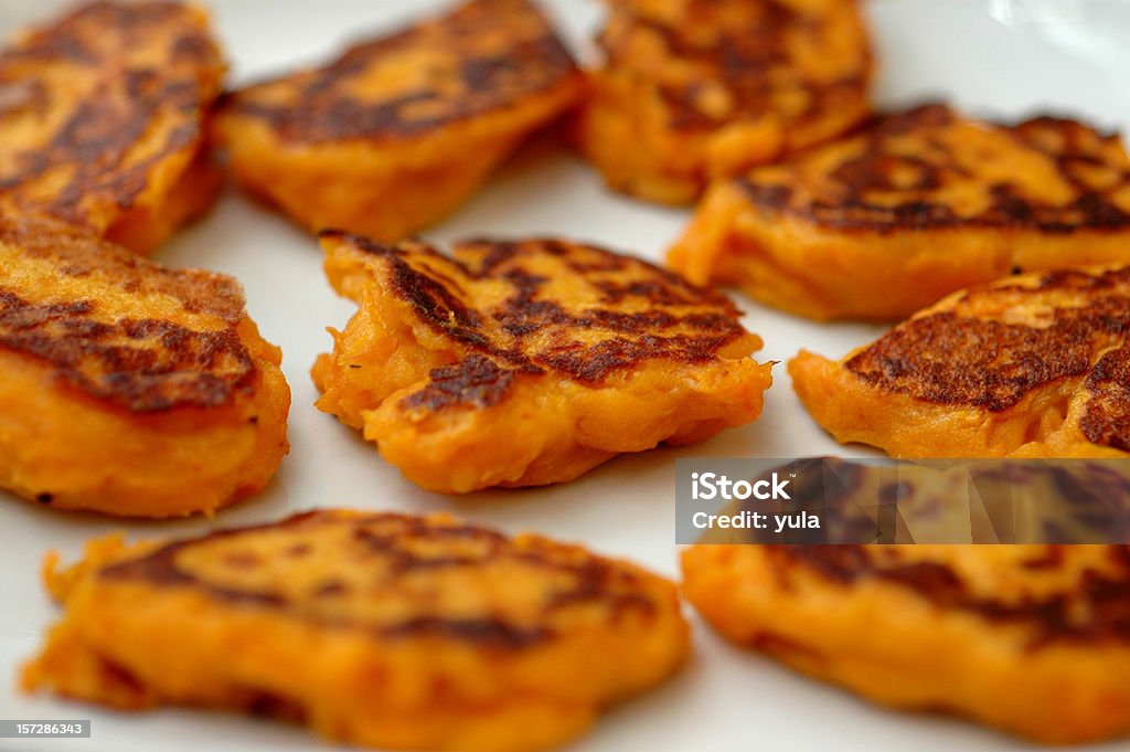 Sweet popatoes pancakes Closeup on sweet potatoes fried pancakes Latke Stock Photo