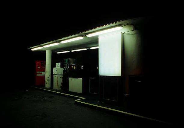 Gas station at night.