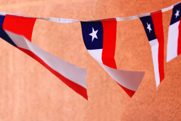 istock Row of Chilean flags fluttering in the wind 1572867373