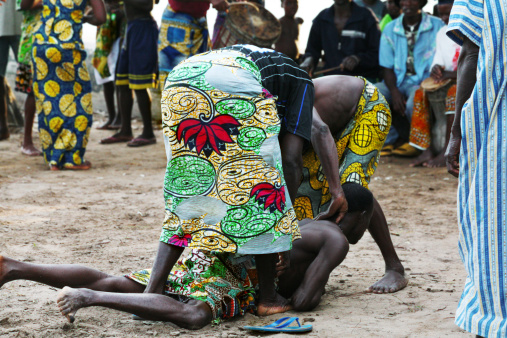 magic ceremony in small lagoon village near ouidah, benin.