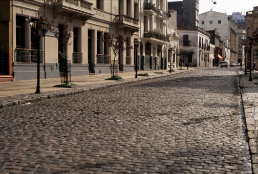 View of empty old street at dusk in San Telmo neighborhood, Buenos Aires, Argentina