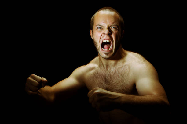 Looking for a fight. Muscular fighter looking for a brawl, shouting with fists clenched. man muscular chest stock pictures, royalty-free photos & images