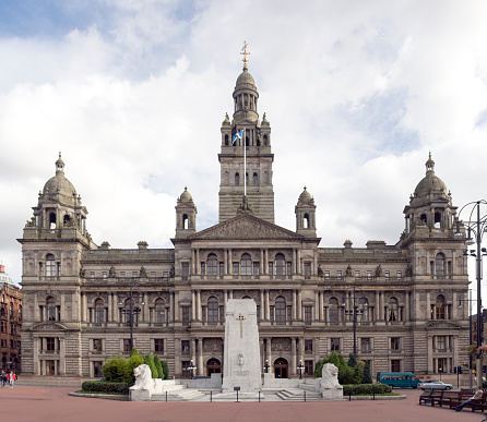 Glasgow's City Chambers building and war memorial on George Square.  Work on this imposing building was started in 1882 and completed in 1888.