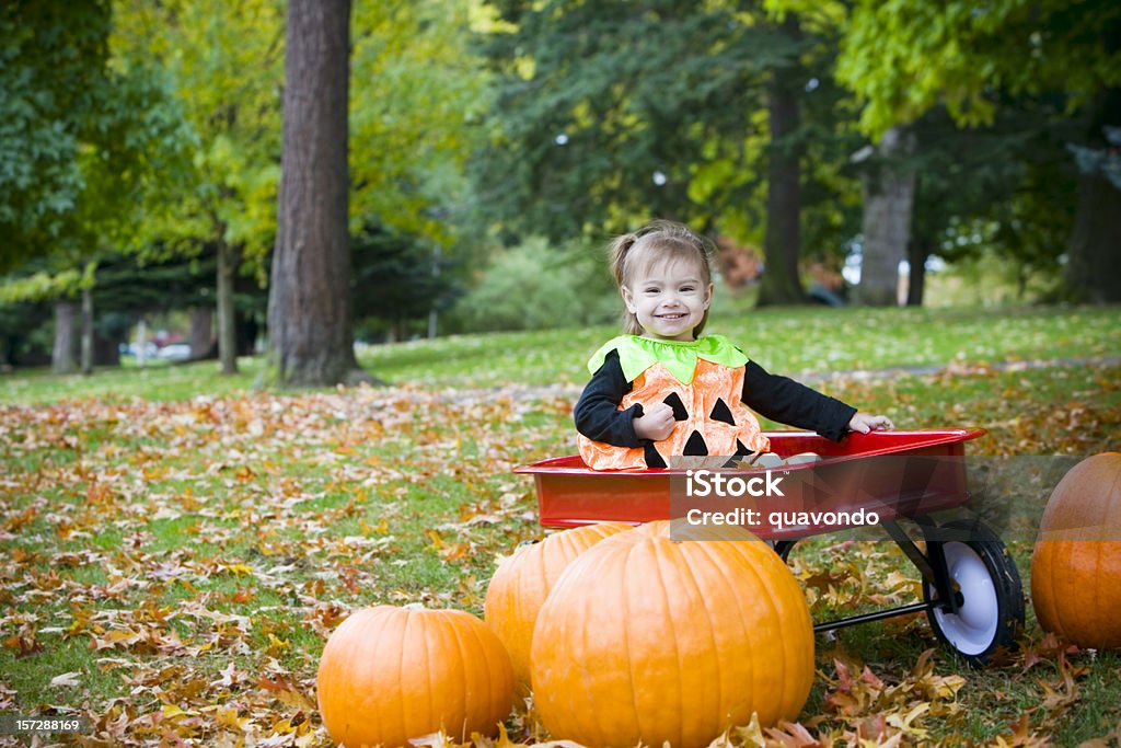 Adorable petite fille en Costume de citrouille d'Halloween sur journée d'automne - Photo de 12-17 mois libre de droits