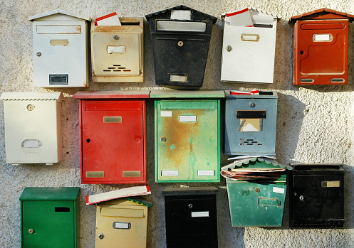 Colorful mailboxes at entrance of apartment buildings