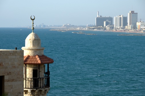 A distant view of the Tel Aviv city of Israel from the old Arab quarter of Jaffa City.