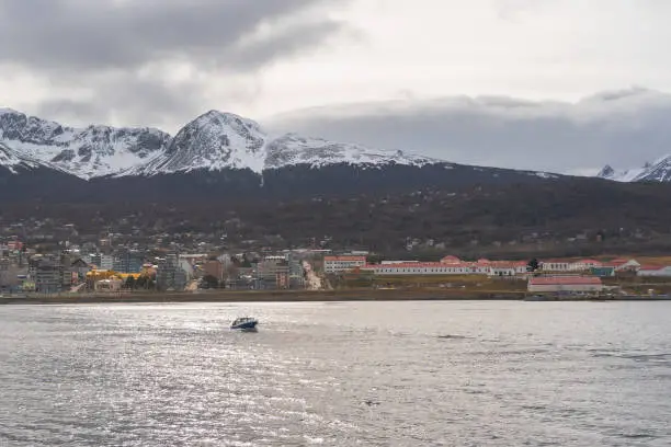VIEW OF THE CITY OF USHUAIA FROM THE SEA. TIERRA DEL FUEGO, ARGENTINE PATAGONIA.