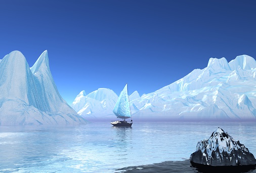 Yacht among ice mountains.