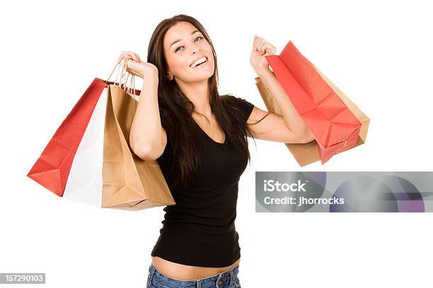 Szczęśliwy Shopper - zdjęcia stockowe i więcej obrazów 20-29 lat - 20-29 lat, Białe tło, Brązowe włosy