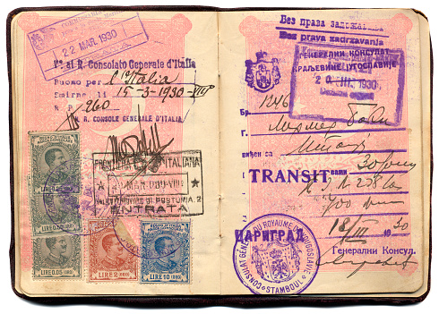 Russia. Saint-Petersburg. Travel documents. A Russian foreign passport and a stamp on the border crossing.