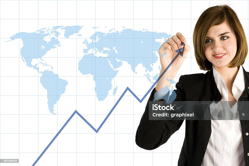 Businesswoman With Graph on World Map Businesswoman with graph and world map.  World Map Stock Photo