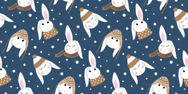 Vector illustration of Christmas pattern with snowflakes and cute bunny on dark blue background, vector winter illustration