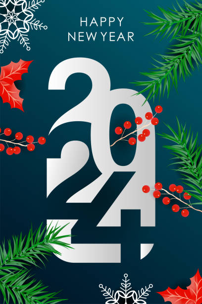 istock new year 2024 banner design with modern geometric abstract background in Christmas style. happy new year greeting card cover for 2024 calligraphy typography winter leaves. Backdrop roll up poster 1572912626