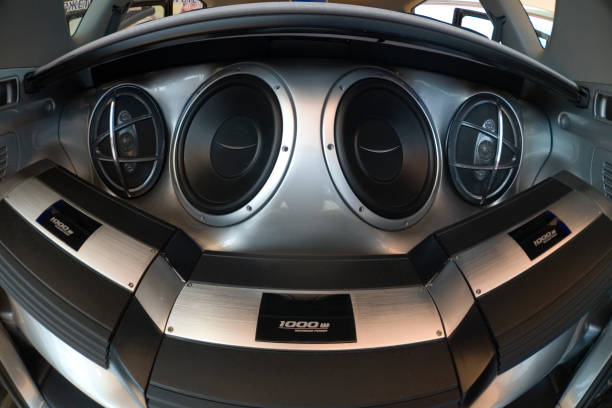 car speakers high quality car speakers shot with fisheye lens car audio equipment stock pictures, royalty-free photos & images