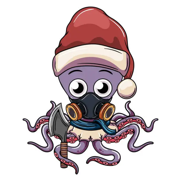 Vector illustration of Cartoon octopus character with christmas santa claus hat and with an ax in his tentacle. Illustration for fantasy, science fiction and adventure comics