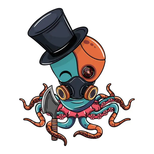 Vector illustration of Cartoon cyborg octopus character with top hat and an axe. Illustration for fantasy, science fiction and adventure comicsCartoon cyborg octopus character with top hat and an axe. Illustration for fantasy, science fiction and adventure comics